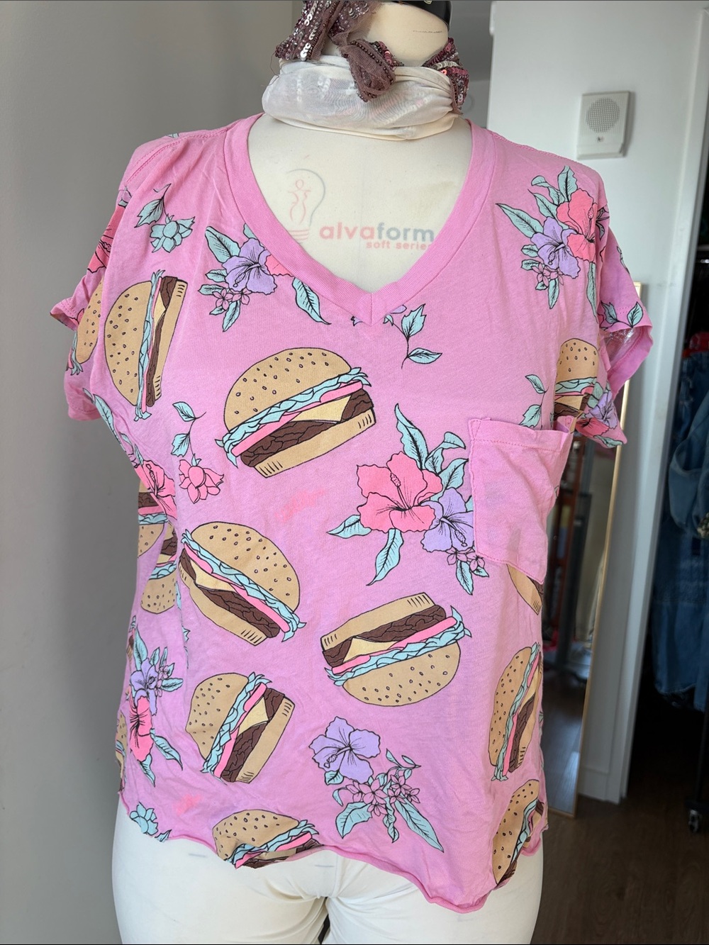 Wildfox Pink V-Neck Burger & Floral Pocket Tee
